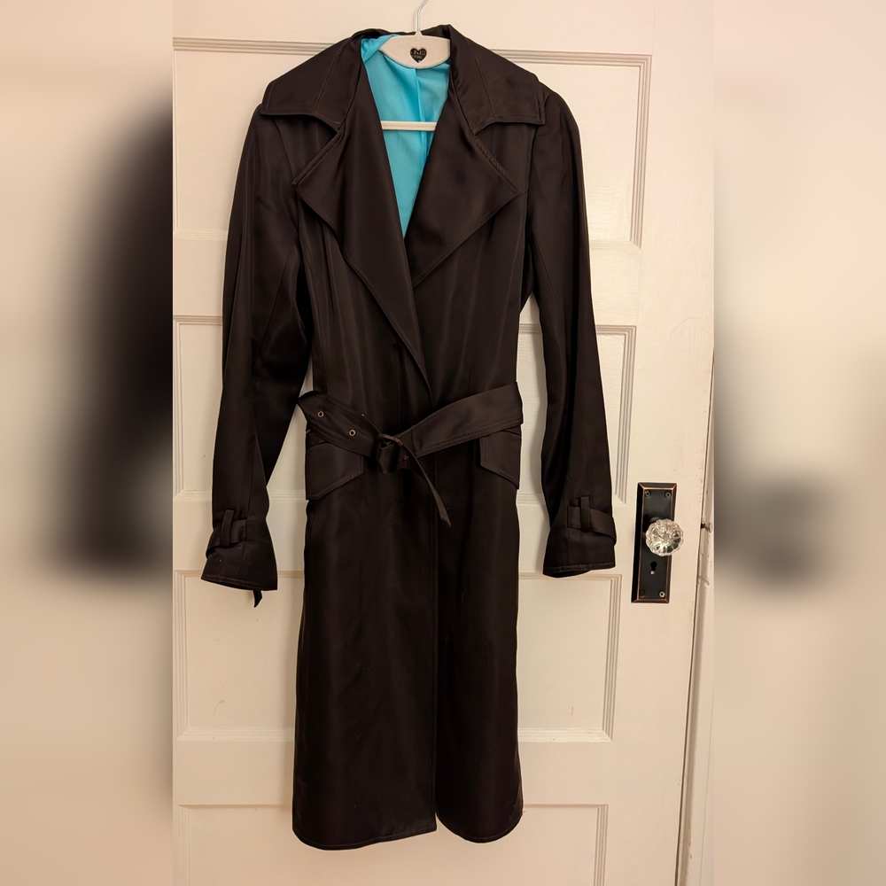 LIA KES Sleek Silk Brown Wide Lapel Belted  Trench Coat Leather Buckles